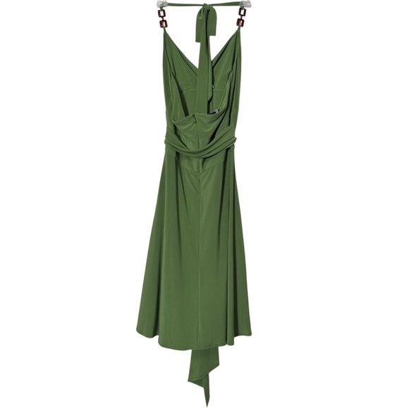 Jones New York Green Halter Dress Size 12 Tortoise Ring Detail Midi Wrap - Picture 2 of 8